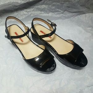 Prada black patent leather platform sandals